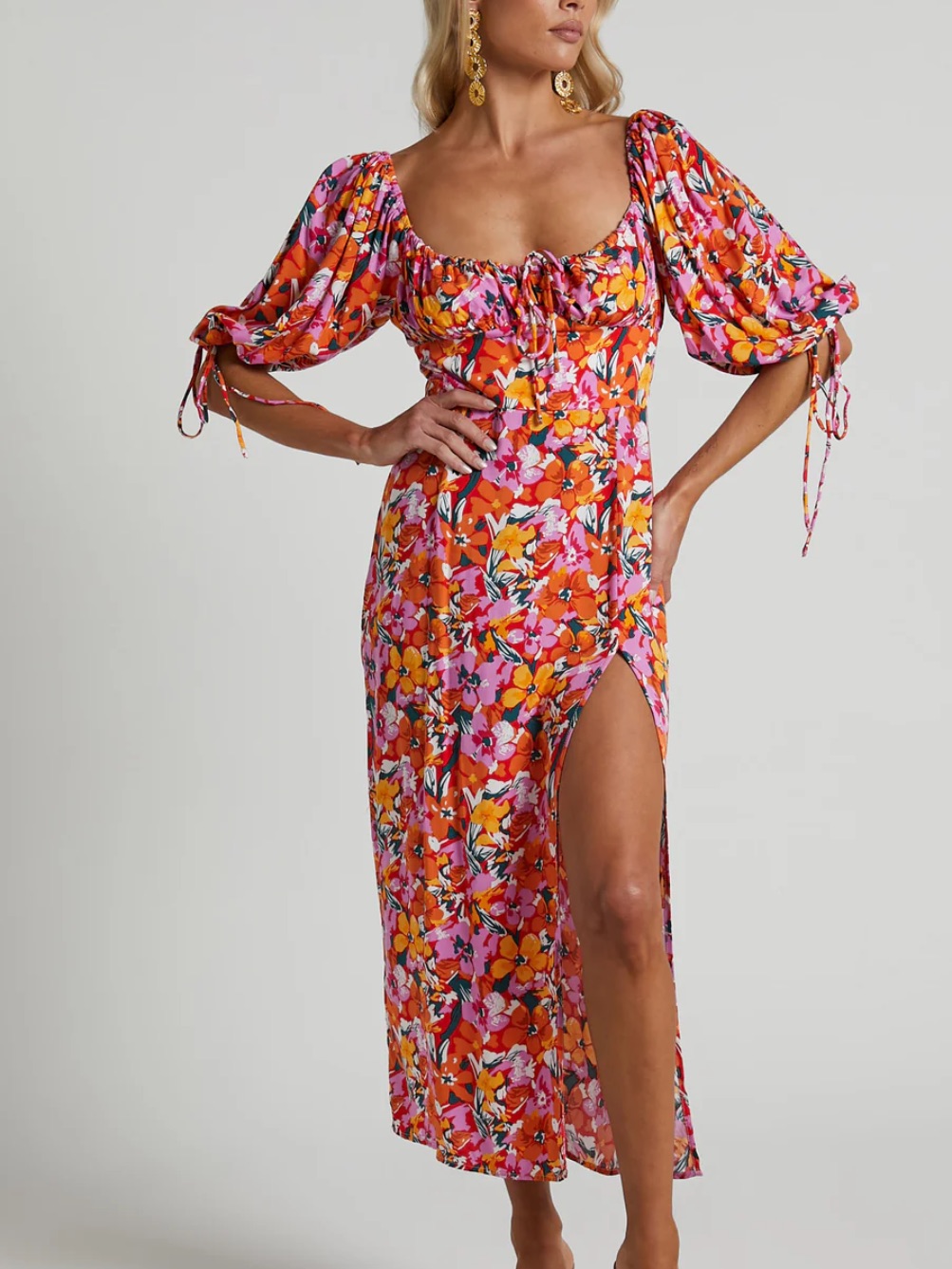 Showpo Orange And Pink Floral Midi Dress With Puff Sleeves